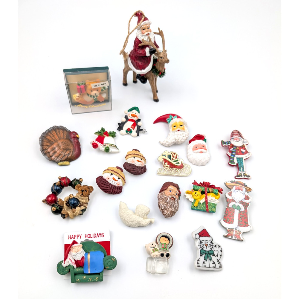 VTG Christmas Brooch Lot Snowbabies Boyd Bears Teddy Cat Snowman‎ Santa Ornament